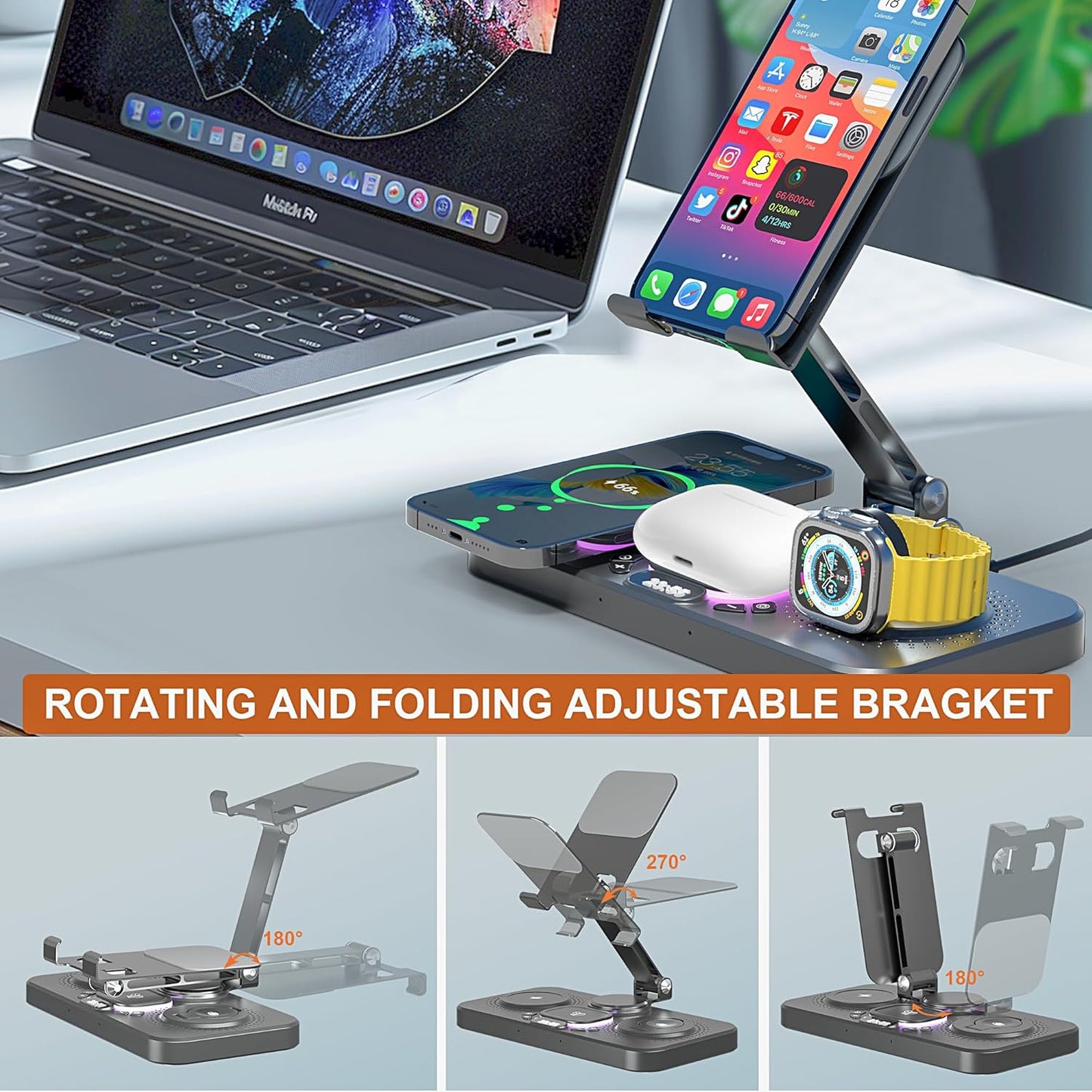 Upgrade Wireless Charging Station with Clock & 7 Color Ambient Light, for iPhone17/16/15 Series, Apple Watch 11 10 9, AirPods 4/3/2, 30W desk wireless charger, Multiple Devices iPad Samsung Stand Dock