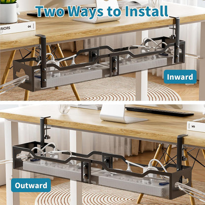 Under Desk Cable Management Tray No Drill, Metal Mesh Cable Management Under Desk with Clamp Mount, 2 Hole Cable Tray with Wire Management and Cord Organizer for Home Office Standing Desk