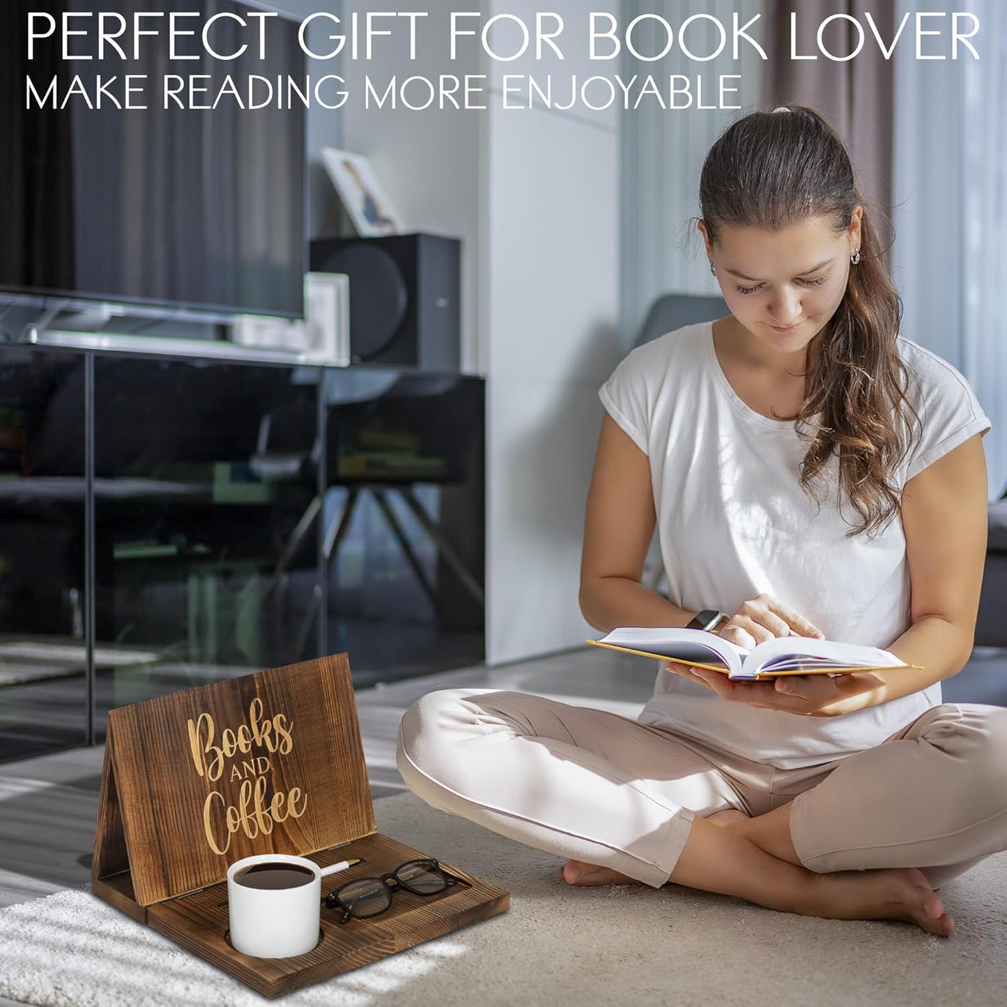 Wooden Book Holder for Page Rest,Book Valet Book Stand with Cup,Glass&Pen Holder,Idea Gift for Book Lover and Table Décor.