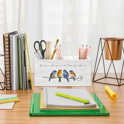 Christian Sparrow Bird Pen Holder for Desk, Religious Scripture Bible Verse Pencil Organizer, His Eye is on The Sparrow Bird Wooden Pen Holder Desk Accessories Decor for Home Office