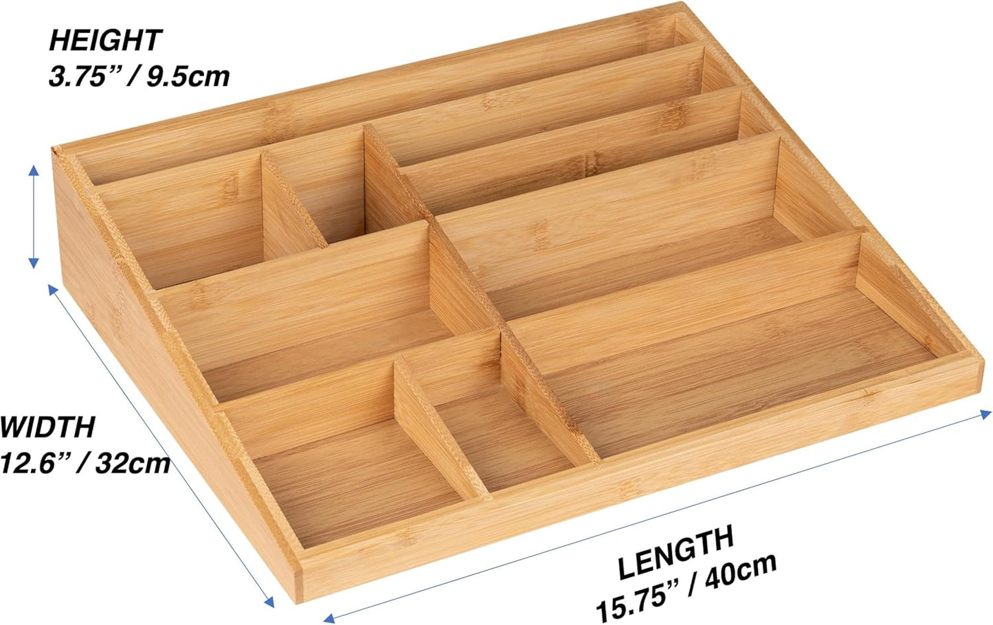 Theodore Bamboo Desktop Organizer – 10‑Compartment Natural Wood Storage Tray for Office, Home, Kitchen & Vanity – No Assembly, Water‑Resistant, Eco‑Friendly