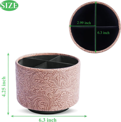 lizimandu Round Leather Art Supply Organizer,Remote Control Holder,360 Degree Spinning,Multi-Functional Pencil Holder,4 Compartments Desktop Stationary Organizer(1-Gold) - Colors B