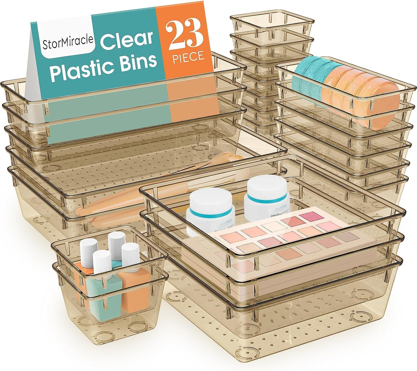 StorMiracle 16 PCS Drawer Organizer Set, 5 Varied Size Bathroom and kitchen Drawer cabinet organizer Trays, Clear Storage Bins for Makeup, Jewelry, Utensils and Gadgets