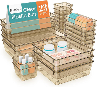 StorMiracle 16 PCS Drawer Organizer Set, 5 Varied Size Bathroom and kitchen Drawer cabinet organizer Trays, Clear Storage Bins for Makeup, Jewelry, Utensils and Gadgets