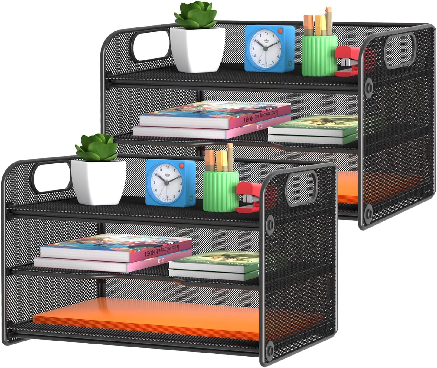 Samstar 3 Tier Letter Tray Paper Organizer with Handle, Mesh Desk Organizer Paper Sorter File Rack Shelves, Black