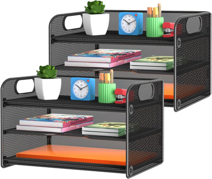 Samstar 3 Tier Letter Tray Paper Organizer with Handle, Mesh Desk Organizer Paper Sorter File Rack Shelves, Black
