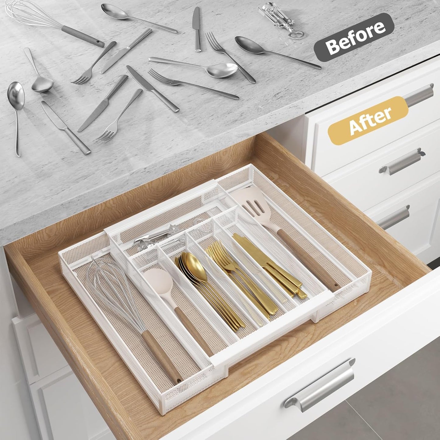 Sedegn Silverware Organizer Metal Mesh, Small Drawer Organizer, Utensil Cutlery Tray for kitchen drawers, Flatware Organizer with 5 Compartment, Black(9.3"*12.6")