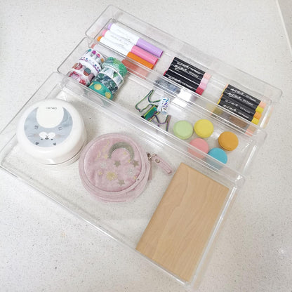 LotFancy Clear Drawer Organizers, 12” x 3” x 2”, Set of 3, Drawer Organizer Trays for Desk, Plastic Storage Bins for Bathroom, Makeup, Utensils, Stackable