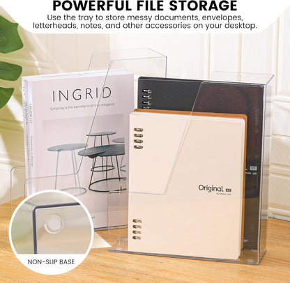 CiWiVOKi Vertical File Holder, Clear PET Desk Organizer and Storage Bins Holding for Magazines, Binders, Notebooks, Envelopes, Multi-purpose Plastic Document Organizer for Home Office, 4 pack