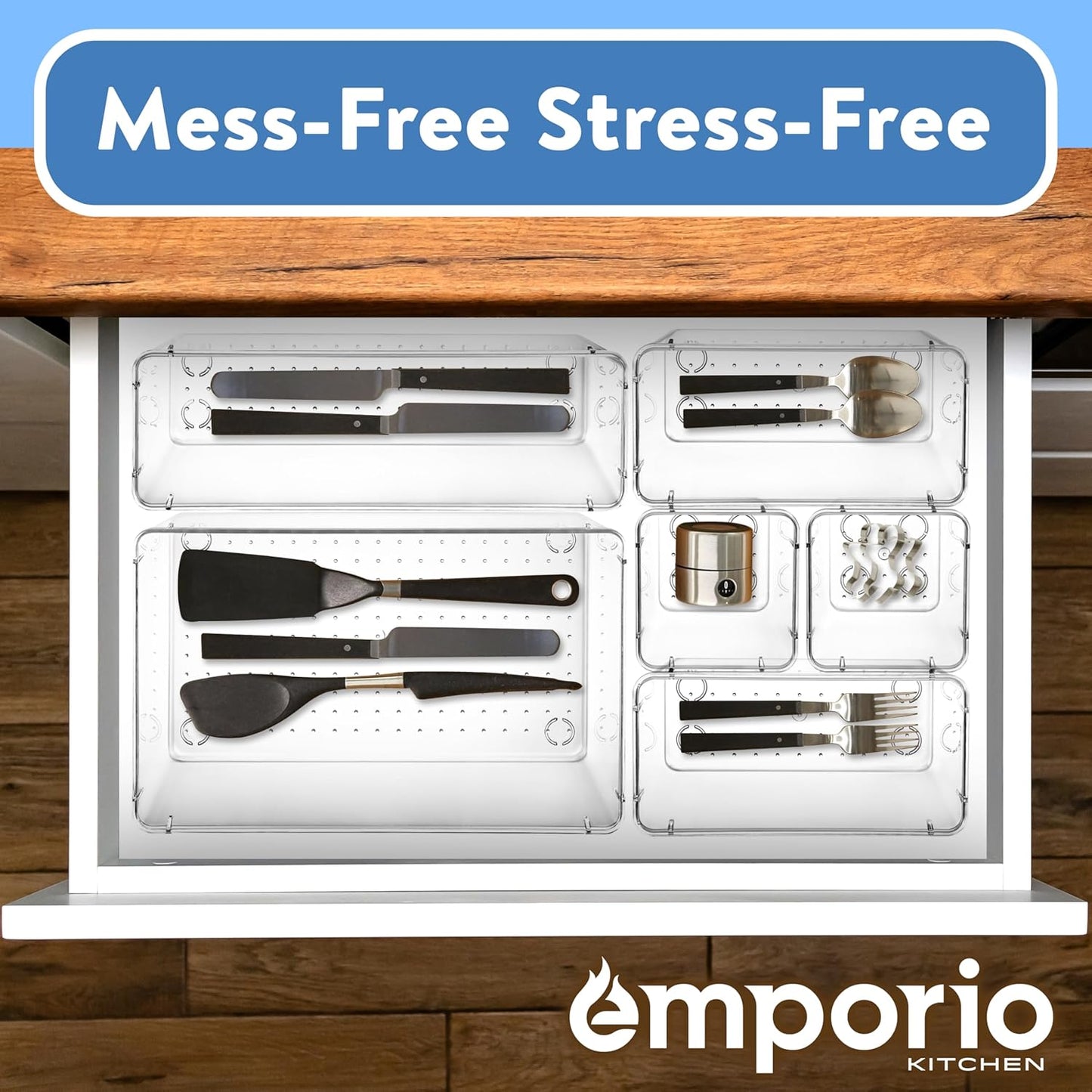 Emporio Kitchen Drawer Organizer Set - 37 Stackable Storage Trays for Makeup, Kitchen, and Office - Includes 3 9x6, 6 9x3, 14 6x3, 14 3x3 Bins