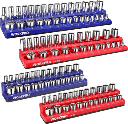 WORKPRO Magnetic Socket Organizer Set, 6-Piece Socket Holder Set Includes 1/4", 3/8", 1/2" Drive Metric SAE Socket Trays, Holds 143 Pieces Sockets, Christmas Gift for Men(Socket not Included)