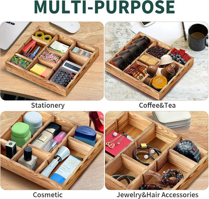 Wooden Desk Drawer Organizer, 9-Slot Office Organization and Storage Box, Adjustable Natural Wood Desktop Tray for Pens, Sticky Notes, and Small Accessories, Aesthetic Home Office Decor (12 x 9 In)