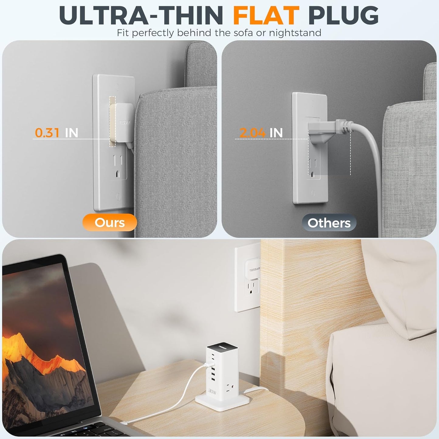 Charging Station for Multiple Devices, TESSAN 9-in-1 USB C Power Strip for iPhone 17/16/15, MacBook, Tablet, Desktop Phone Fast Charger with 3 AC, USB Charger, Home Drom Office Accessories, White-65W