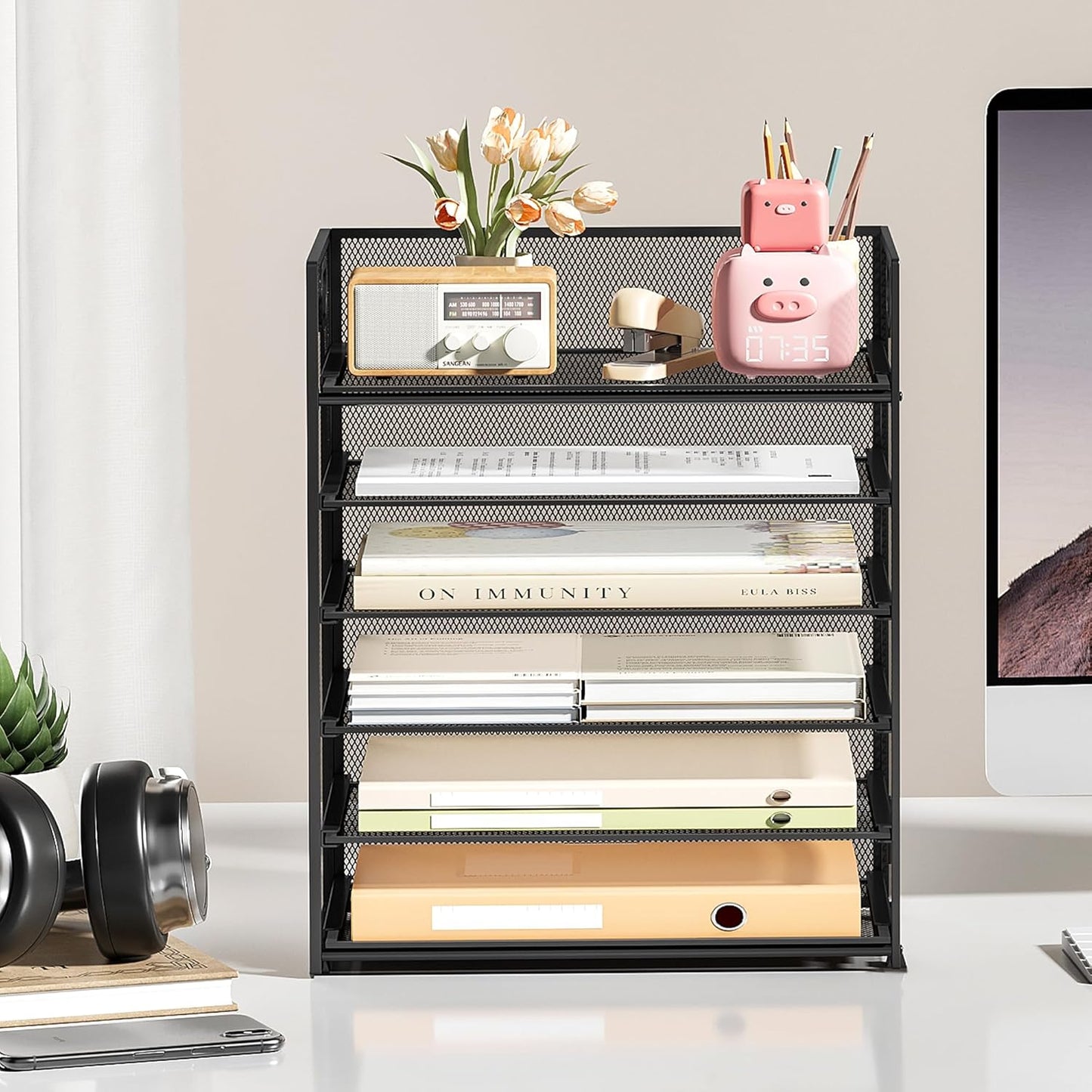 Subekyu 6 Tier Office File Paper Desk Tray Organizer with Handle, Stackable Slide Mesh Letter Tray Folder Blue Desk Organizer, Desktop Document Sorter for Classroom, Office, Home Supplies Storage