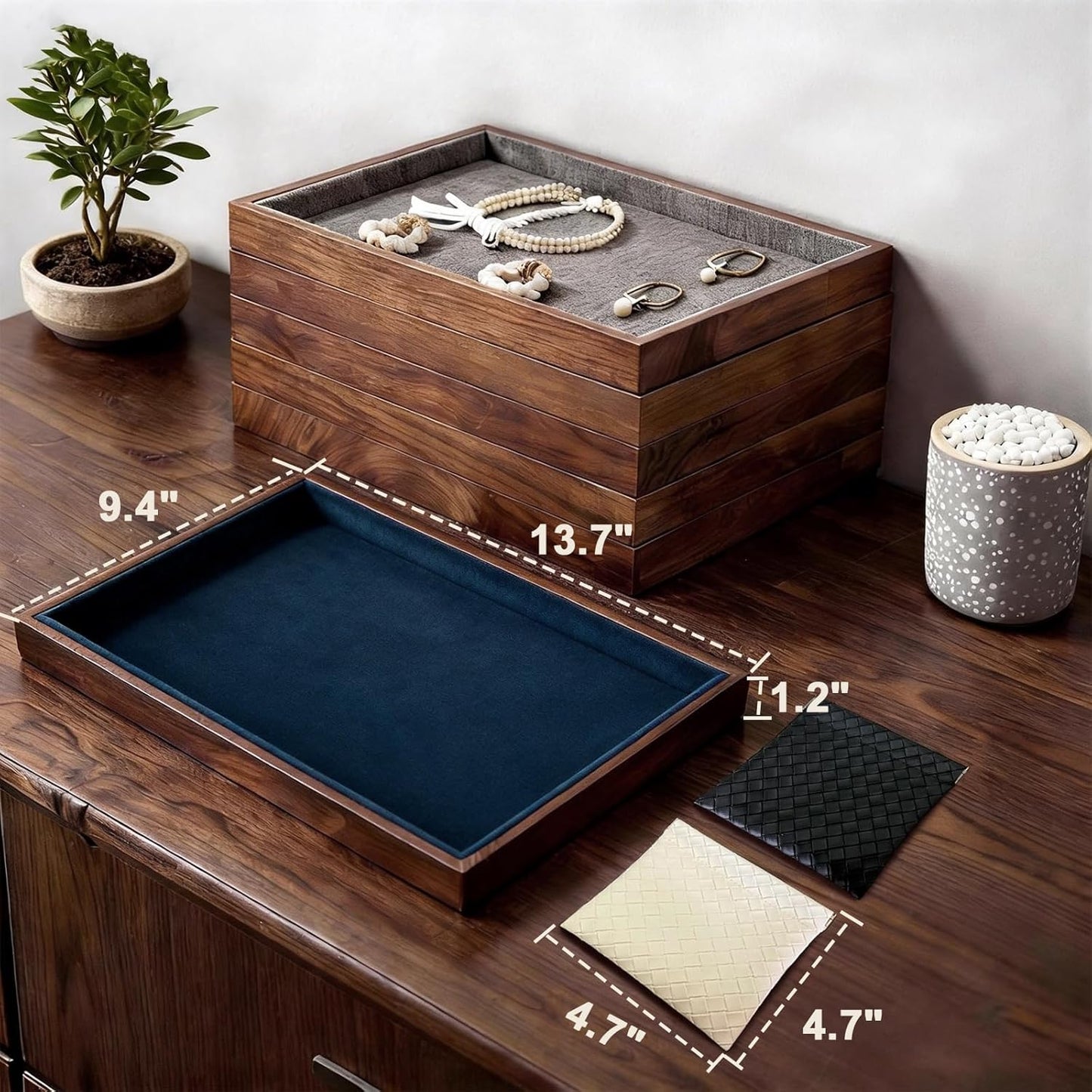 Large Solid Wood Jewelry Watch Tray, Velvet Jewelry Board Display Trays for Key Wallet Ring，Stackable Wooden Jewelry Drawer Organizer Showcase Jewelry Holder(Royal Blue)