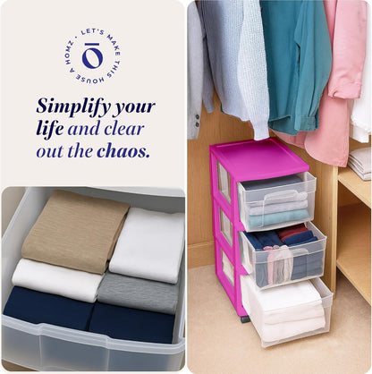 HOMZ Drawer Tower, 3-Tier Rolling Storage Cart with Removable Wheels, White Frame – Plastic Organizer with Clear Bin Drawers for Bedroom, Bathroom, Home Office, and Dorm Room