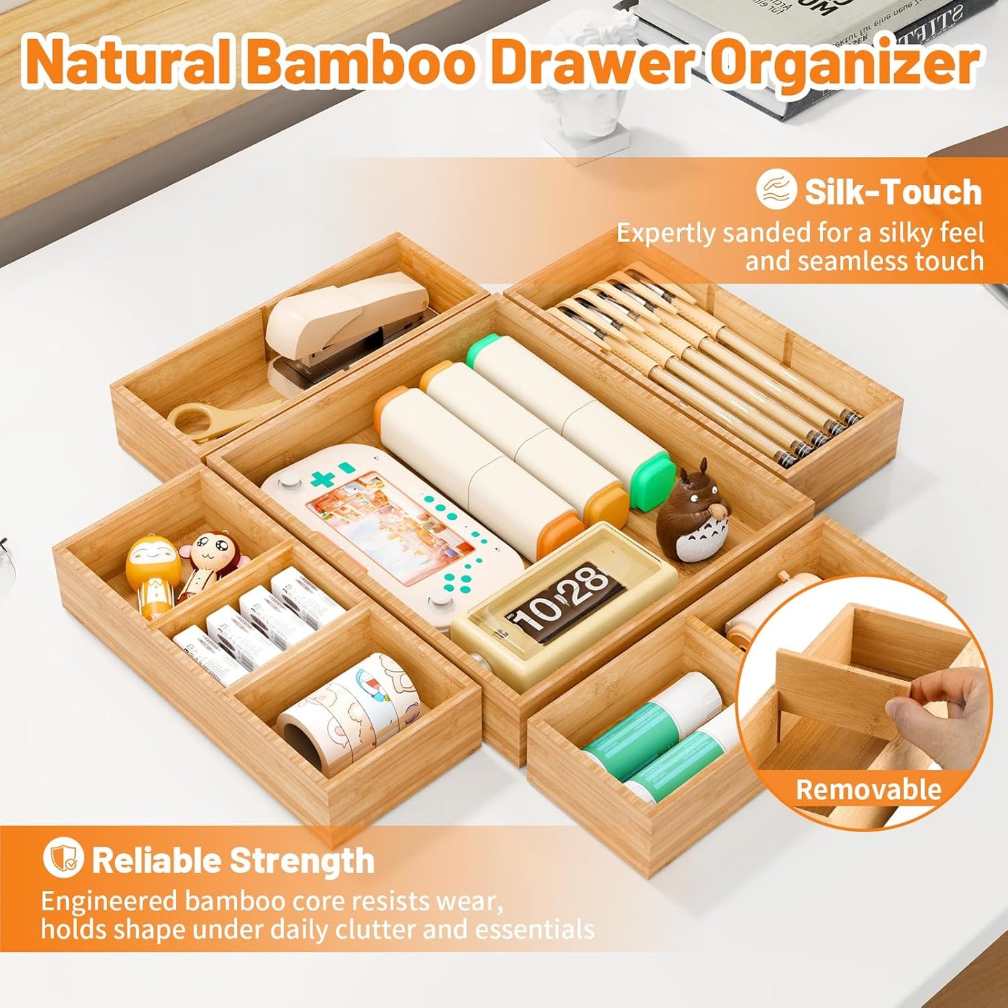 SpaceWhisper Bamboo Drawer Organizer, 5-Piece Drawer Divider with Removable Dividers for Organization and Storage, Multi-Use Stackable Storage Box & Utensil Holder for Kitchen, Office, Makeup & More