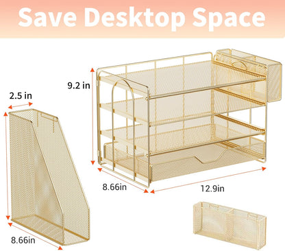 OPNICE Desk Organizers and Accessories, 4-Tier Office Desk Accessories & Workspace Organizers with Drawer and Pen Holder, Desktop Paper Tray File Organizer for Home Office Supplies, Gold