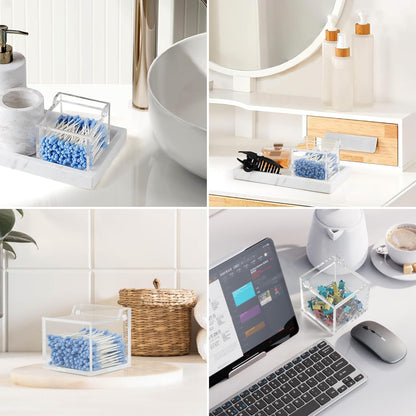 Clear Acrylic Cotton Swab Ball Holder Qtip Organizer with Lid 2-Grid Canister for Make Up Pads, Floss Picks, Vanity Storage,Bath Salts, Cosmetics, Home Bathroom Decor (DP004)