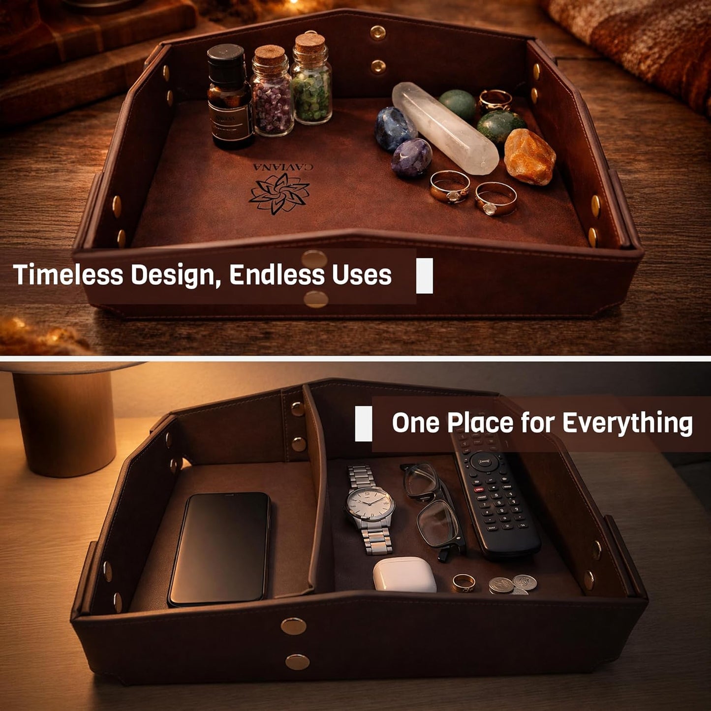 Valet Tray Organizer for Men & Women - PU Leather Catch All Tray with Removable Divider - EDC Storage for Keys, Watch, Phone - Nightstand, Dresser & Desk Organizer - Pacific Navy