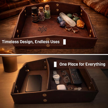 Valet Tray Organizer for Men & Women - PU Leather Catch All Tray with Removable Divider - EDC Storage for Keys, Watch, Phone - Nightstand, Dresser & Desk Organizer - Pacific Navy