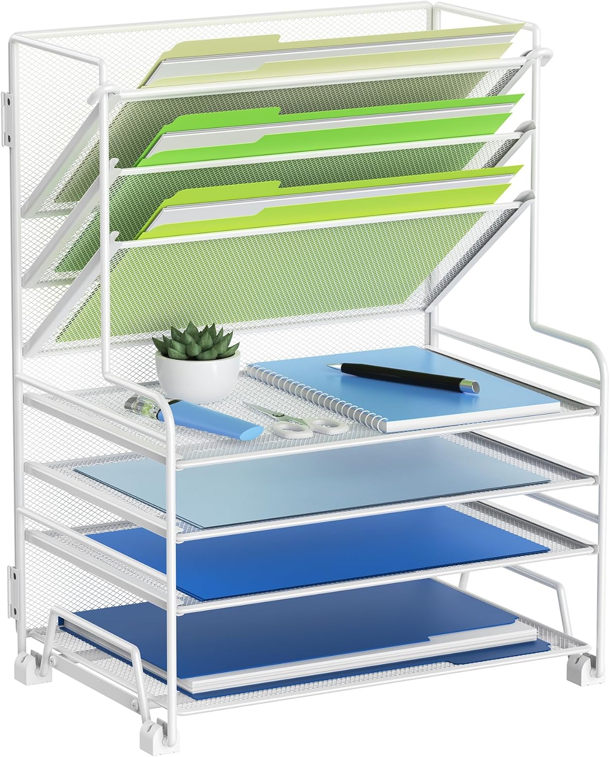 MINDEPOT 4-Tier Paper Organizer + 3-Pocket File Holder + Drawer + Pen Holders, Desktop File Organizers Paper Tray for Office Accessories School Classroom Organization (Black)