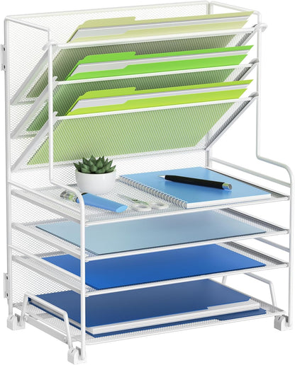 MINDEPOT 4-Tier Paper Organizer + 3-Pocket File Holder + Drawer + Pen Holders, Desktop File Organizers Paper Tray for Office Accessories School Classroom Organization (Black)