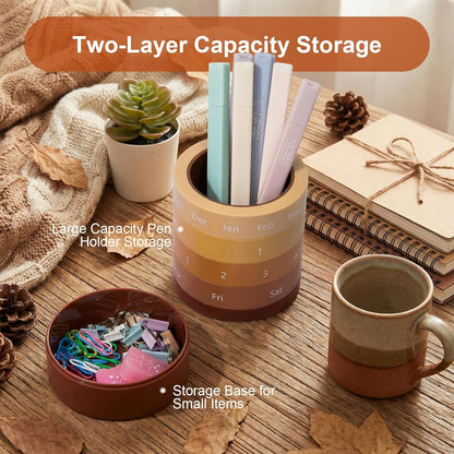 Comix Calender Pen Holder for Desk, Cute Pencil Holder Pen Organizer, Brown Platsic Pen Pencil Cup for Home School Office Supplies