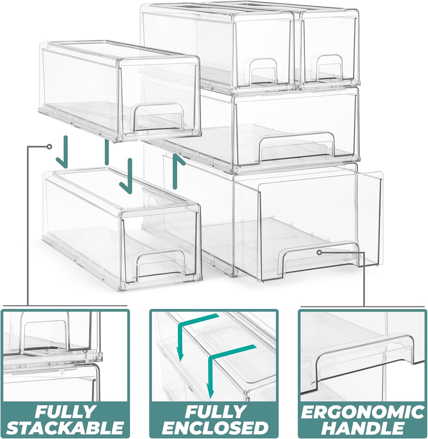 Sorbus Small Clear Stackable Storage Drawers – 4-Pack Plastic Organizer Bins with Handles – Stackable Pull-Out Storage Drawers for Closet, Pantry, Office, Bathroom, Craft, and Toy Organization
