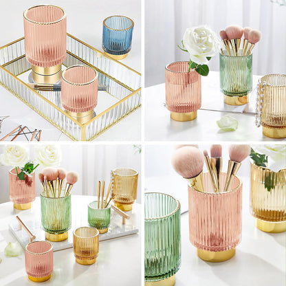 DASITON Makeup Brush holder Organizer,Crystal Cosmetic Makeup Brush Glass Brushes Storage Holder, Vintage Make Up Brush Cup Pen Pencil Holder striped vase(Coffee S)