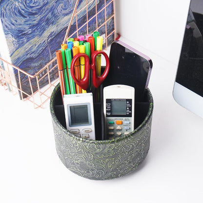 lizimandu Round Leather Art Supply Organizer,Remote Control Holder,360 Degree Spinning,Multi-Functional Pencil Holder,4 Compartments Desktop Stationary Organizer(1-Gold) - Colors A