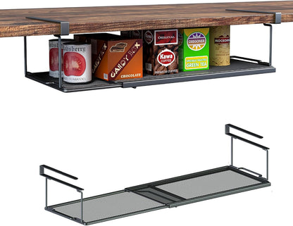 1 Pack Expandable Under Cabinet Shelf, Under Shelf Basket with 0.94 Inches Thick Clips for Kitchen Cupboard, Metal Hanging Under Desk Basket for Laundry Room, Cabinet, Shoe Rack