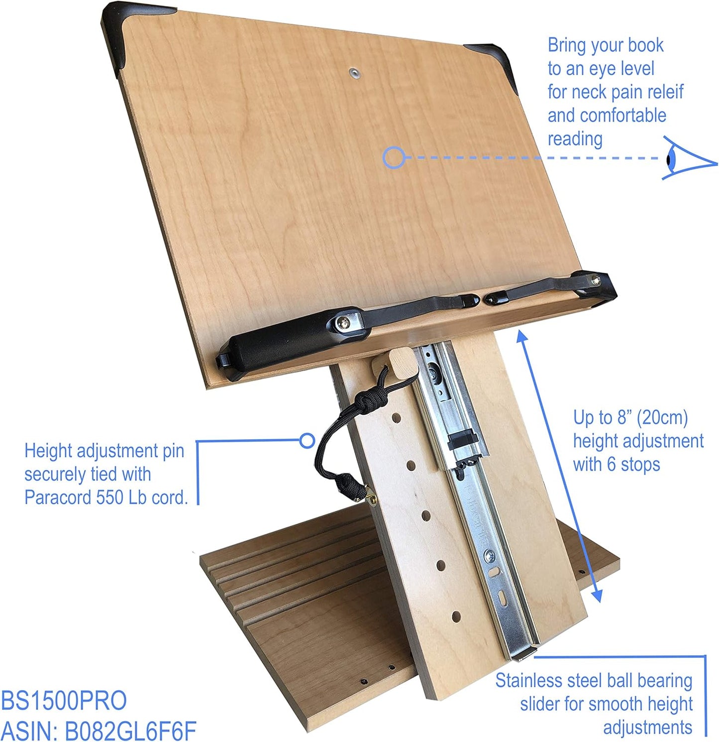 BS1500PRO Large Portable Height Adjustable Foldable Eye-Level Ergonomic Bookstand Holder for Reading Hands Free Large Thick Heavy College Textbooks Tablets Neck Pain Free