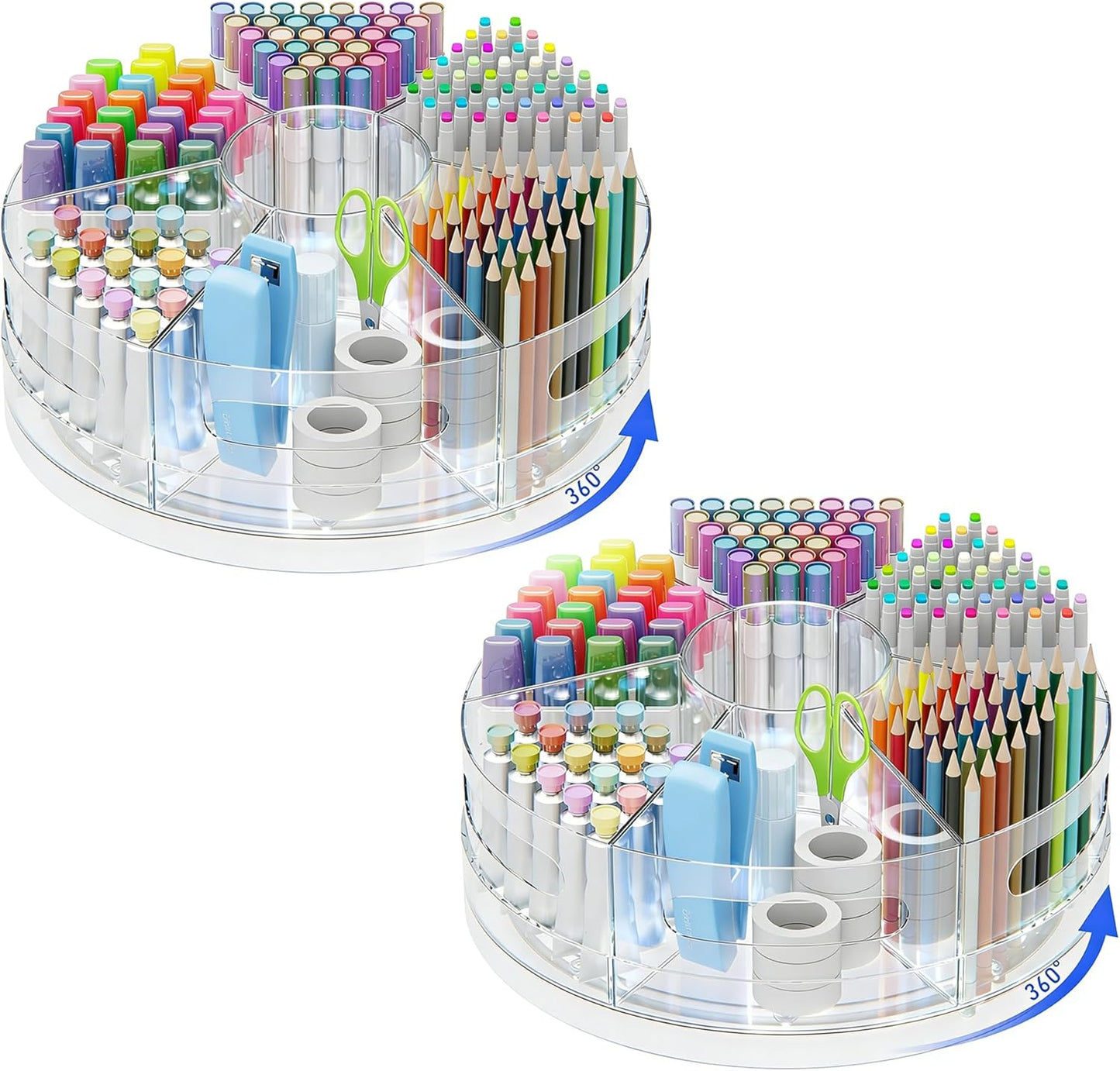 CraftGenes Rotating Desk Organizer, 360° Acrylic Pen Organizer for Desk with 7 Removable Compartments, Extra-Large Pen Holder for Office Supplies, Markers, and Art Supplies, Clear Pencil Holder