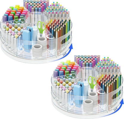 CraftGenes Rotating Desk Organizer, 360° Acrylic Pen Organizer for Desk with 7 Removable Compartments, Extra-Large Pen Holder for Office Supplies, Markers, and Art Supplies, Clear Pencil Holder