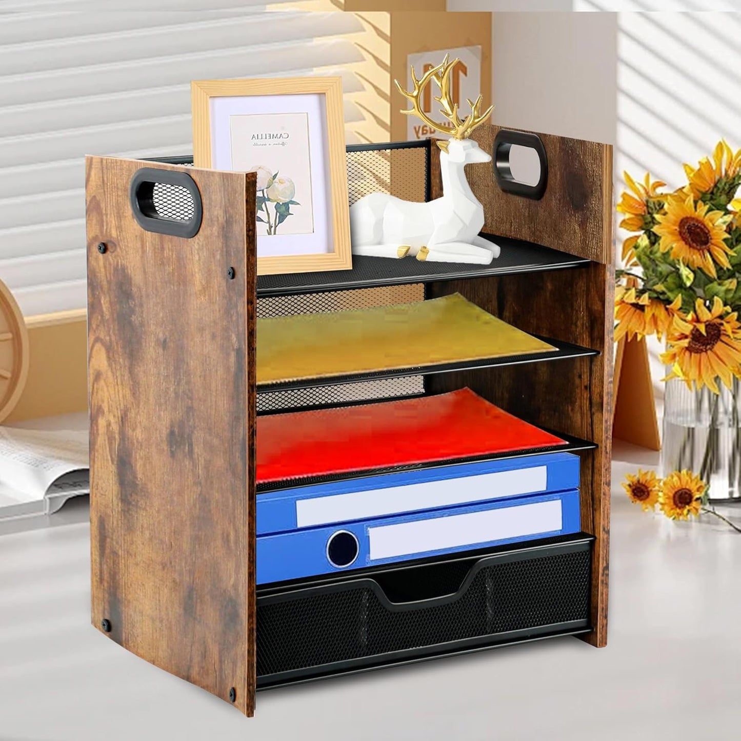 Wood Desk Organizer - 3-Tier Desktop File Organizer with Drawer, Wooden Paper Tray, Office Desk Organzier and Accessories for Papers, Mail, Notebooks, Stationery
