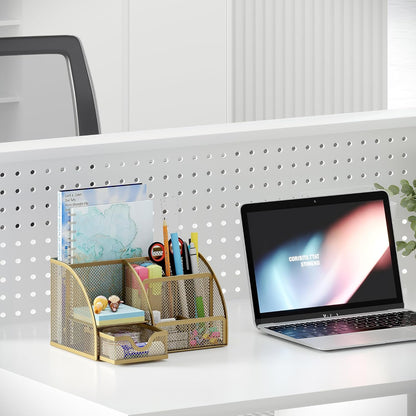 EasyPAG Mesh Desk Organizer with Drawer Multi-functional Pen Holder Stationery Organizer for Office School Supplies 6 Compartments Dorm Organizers and Storage for Desk, Black