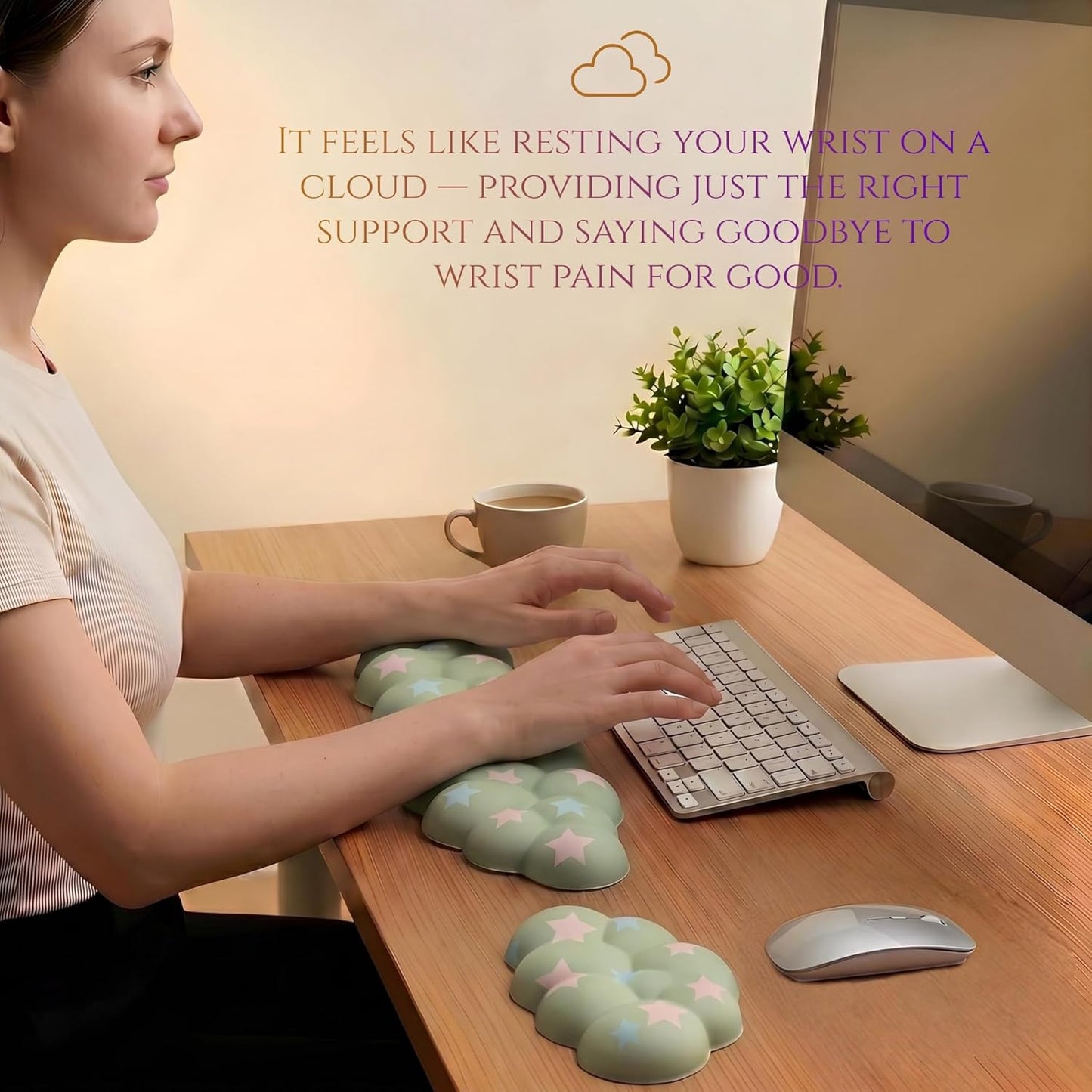 Cloud Wrist Rest Set for Keyboard and Mouse, Includes Cute Coaster, with Computers and Laptops（Purple Star Set）