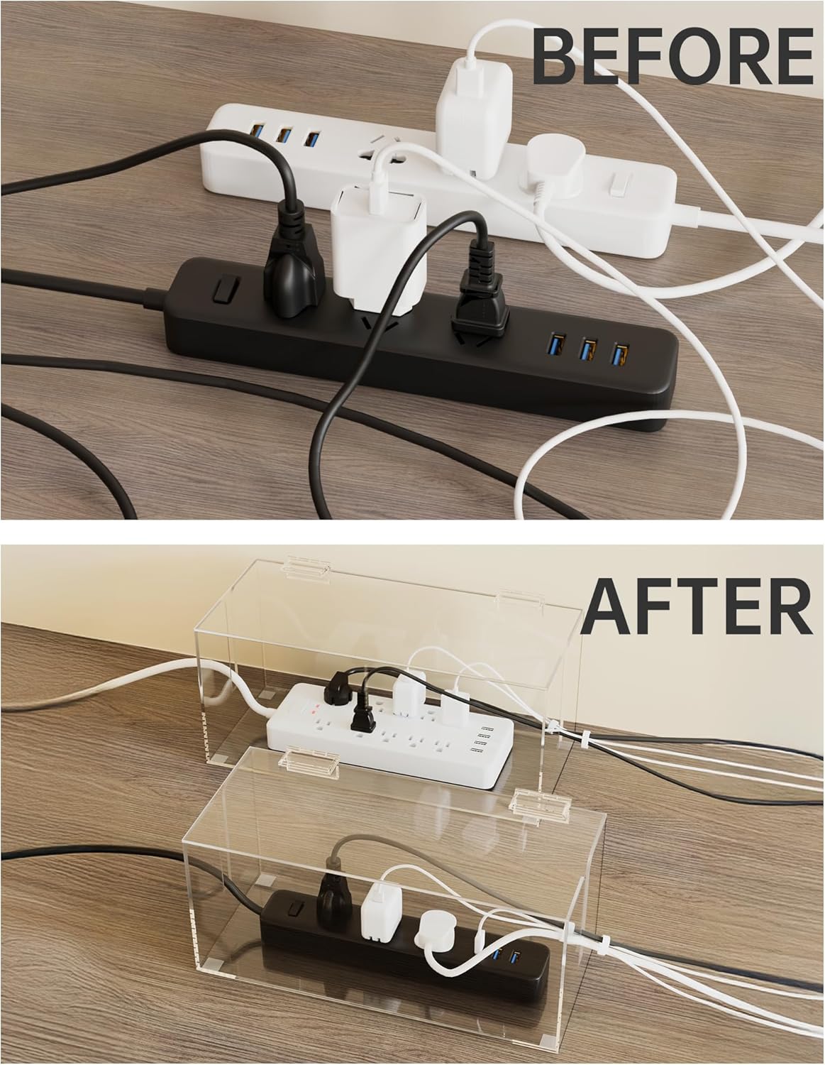 NiHome 2-Pack Clear Acrylic Cable Management Box Set, Large and Medium Power Strip Organizers with Ventilated Cover and Silicone Feet, Includes Reusable Ties, Transparent Cord Hider for Desk and Floor