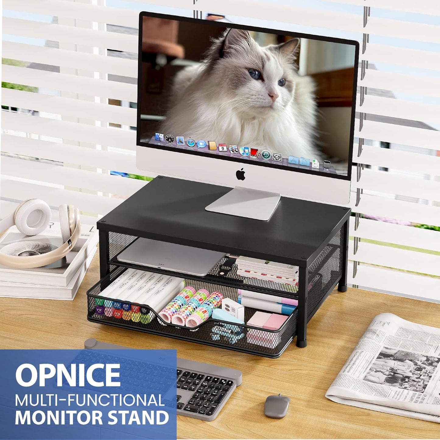 OPNICE Computer Monitor Stand Riser, Desk Organizer with Drawer, Printer & Laptop Stand, Office Desk Accessories & Workspace Desktop Organizers Storage for Office Supplies(Brown)