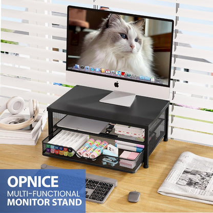 OPNICE Computer Monitor Stand Riser, Desk Organizer with Drawer, Printer & Laptop Stand, Office Desk Accessories & Workspace Desktop Organizers Storage for Office Supplies(Brown)