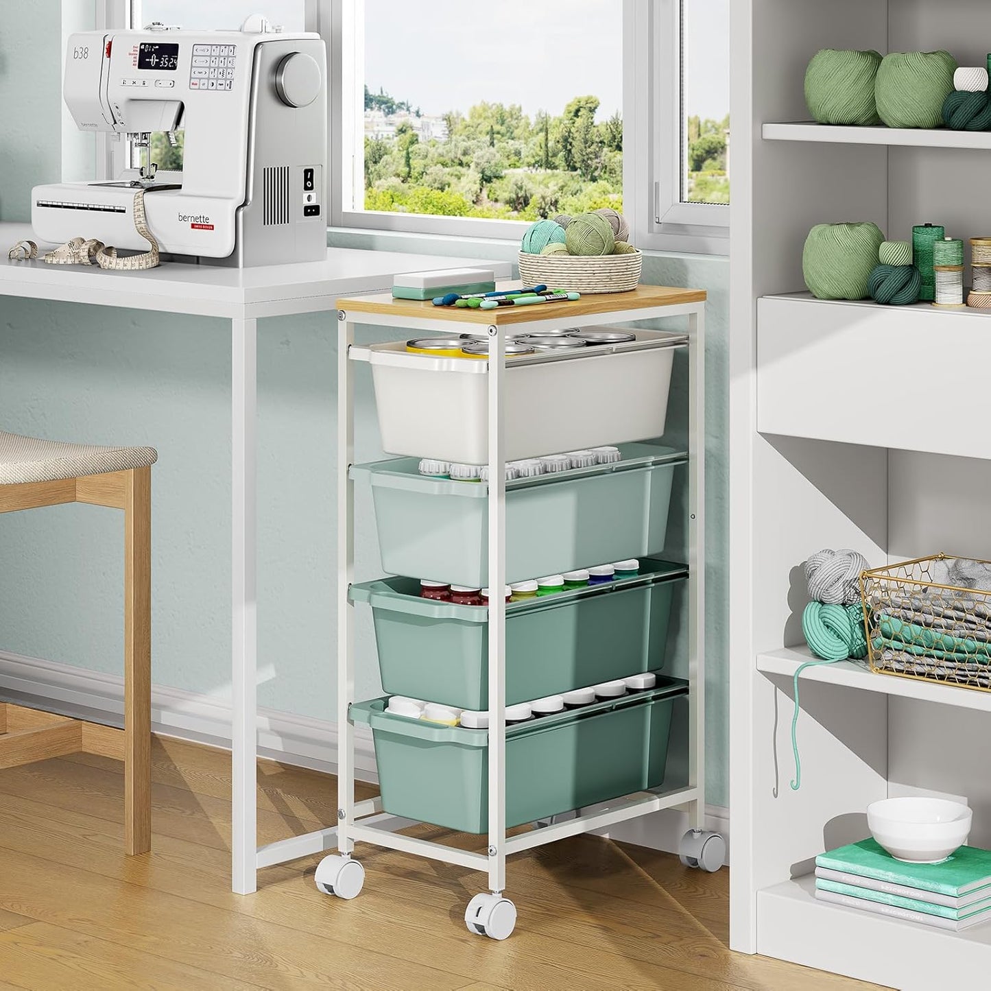 Rolling Storage Cart with 3 Drawers, Craft Organizer, Wooden Tabletop Utility Cart for Bedroom, Children's Room and Office Organization, Under Desk Trolley with Lockable Wheels,White