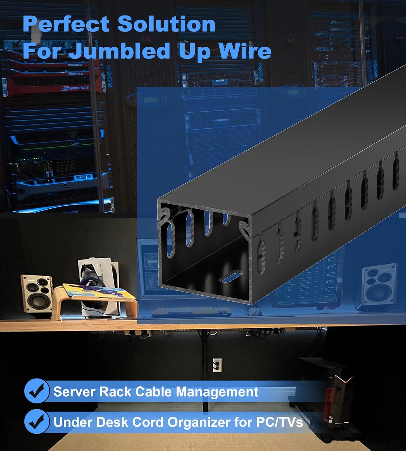 ZhiYo 2 x 2in Professional Server Rack Cable Management Raceway, 99in (6X L16.5in) Cable Raceway Kit, Electrically Safe PVC Open Slot Wire Raceway for Under Desk/Computer/Network Cords, Black