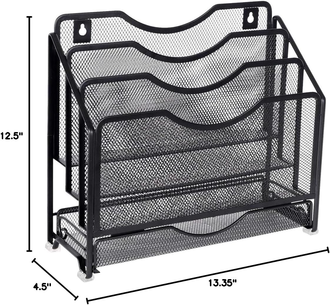EasyPAG Mesh Desk Paper Organizer Wall Hanging File Holder with 3 Upright File Organizer and Sliding Drawer,Black