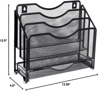 EasyPAG Mesh Desk Paper Organizer Wall Hanging File Holder with 3 Upright File Organizer and Sliding Drawer,Black