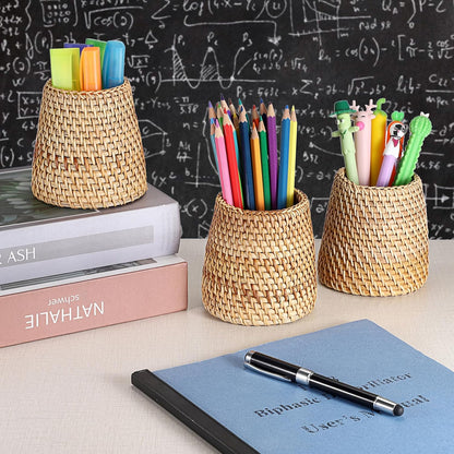 BTSKY Rattan Pen Cup, Handmade Desk Pencil Holders Makeup Brush Holder Multi-Functional Woven Basket Office&Home Desktop Organizer(Cone)