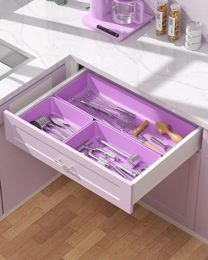 10 Pack Large Size Plastic Drawer Organizers Set, 3 Sizes Desk Drawer Organizer Trays, Storage Bins for Vanity, Makeup, Bathroom, Kitchen Utensils and Office (Black)