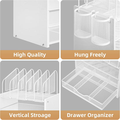 Marbrasse Desk Organizer with Drawer, 4-Tier Mesh File Organizer with 5 Vertical File Holders and 2 Pen Holders, Multifunction Desktop Organizer,Desk Organizers and Accessories for Home Office