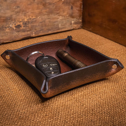 Valet Tray – Full-Grain Leather Catchall Organizer for Keys, Phone & Wallet – Rustic Nightstand & Desk Tray with Raised Sides – Handmade in USA (Vintage Brown, Small Rectangle)