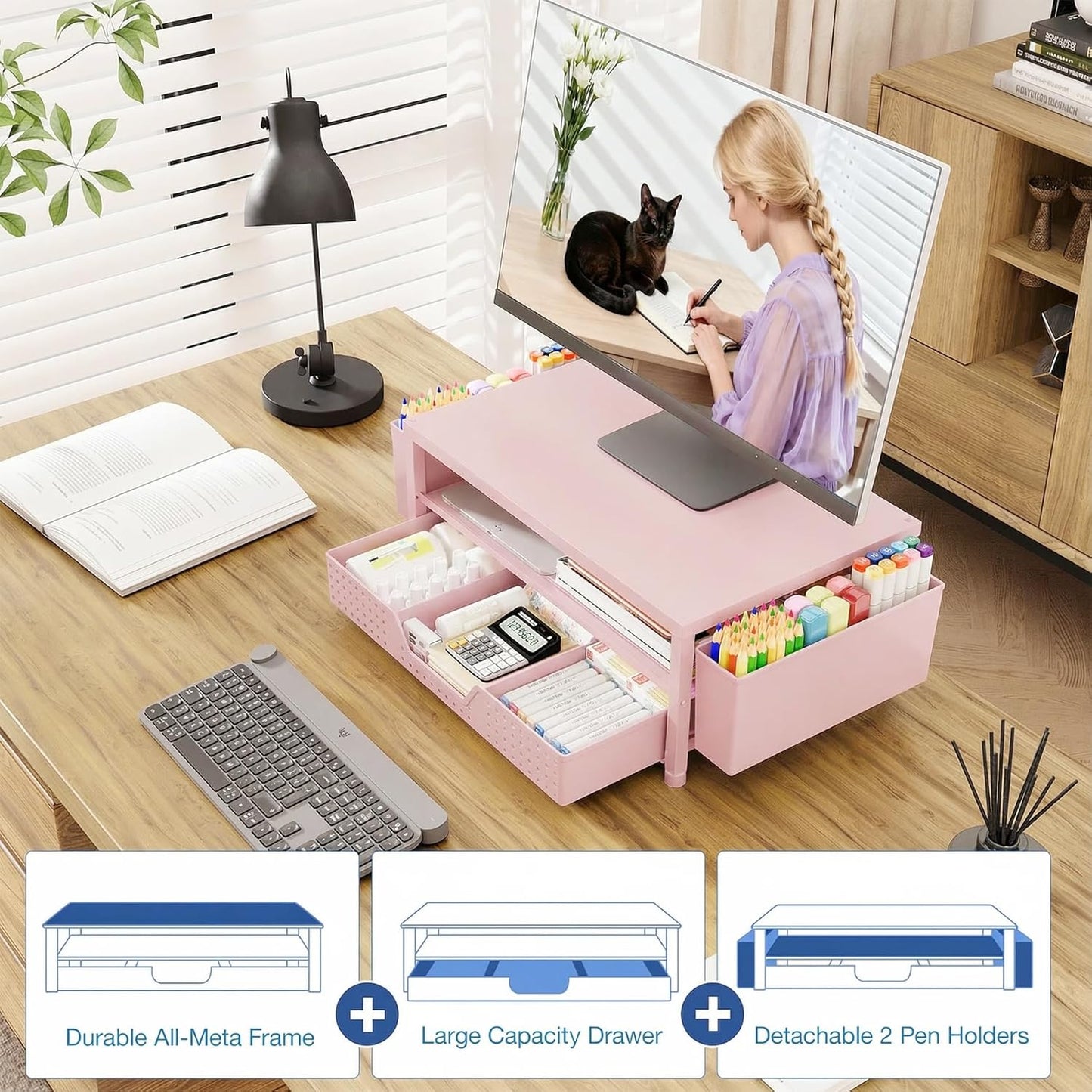 OPNICE Desk Organizers and Accessories, Computer Monitor Stand Riser with Drawer and 2 Pen Holders, Printer & Laptop Stand, Office Desk Accessories & Workspace Organizers for Home Office Supplies, Black